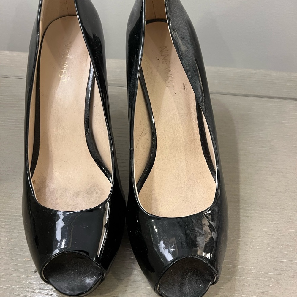 Black Patent Leather Peep Toe Heels